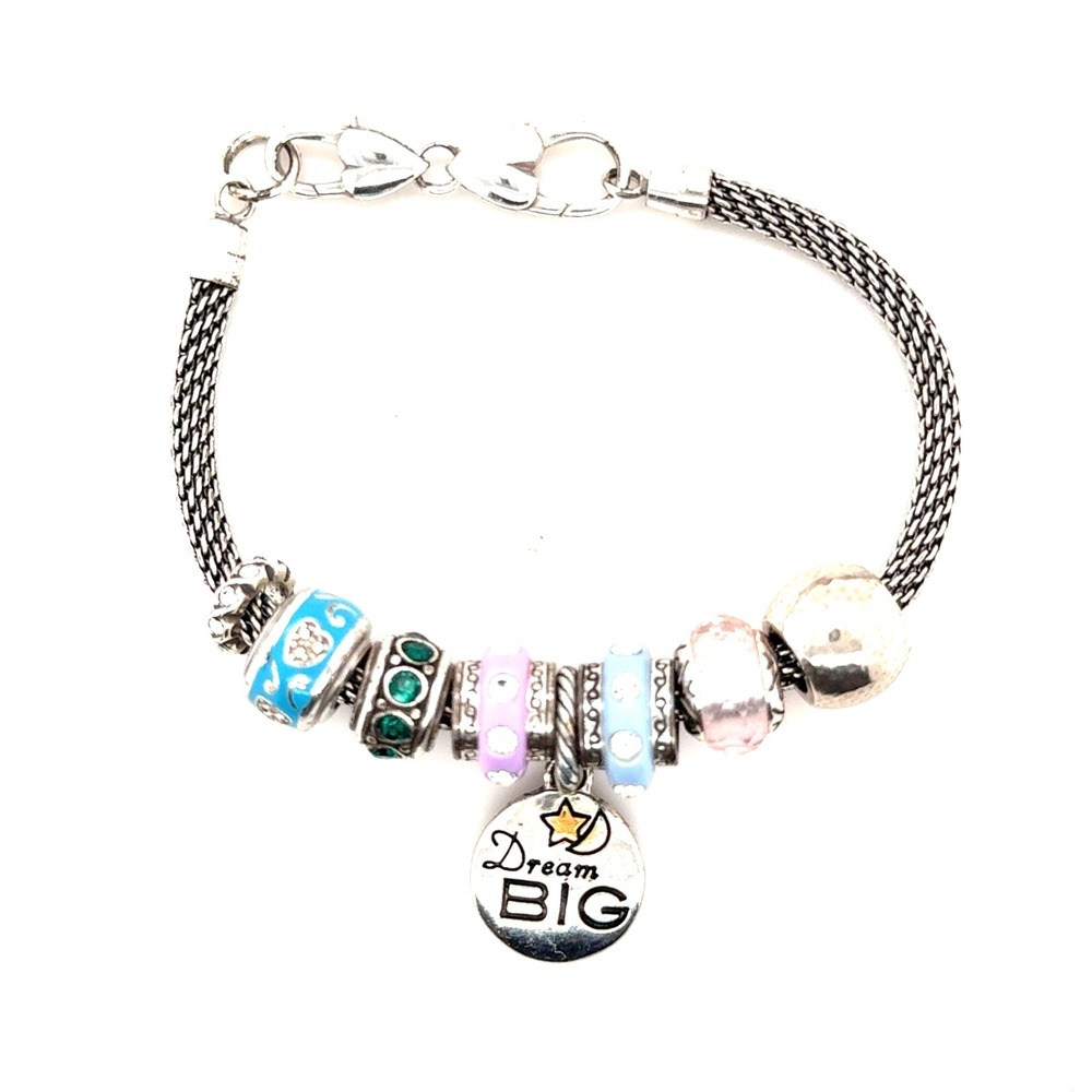 Brighton Dream Big Charm Bracelet Silver Mesh Chain Multi Color Beads 8.5 Inch